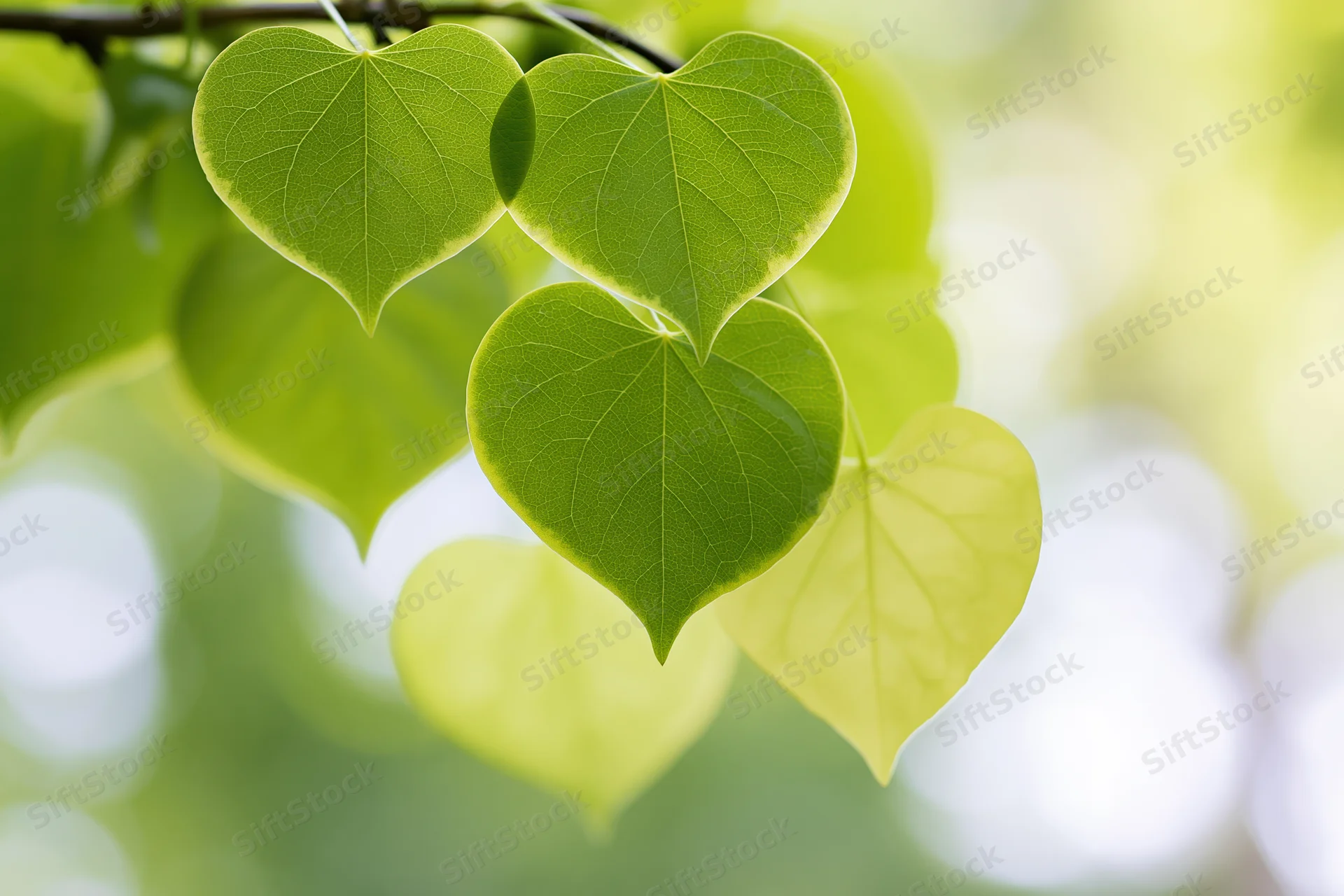 Heart-shaped green leaves hanging from a branch in soft natural light