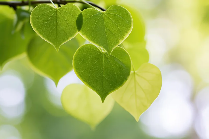 Heart-shaped green leaves hanging from a branch in soft natural light