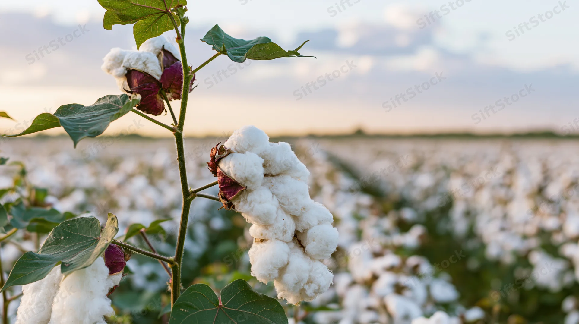 Close-up of ripe cotton bolls bursting open on a green-leafed plant in a field at sunset