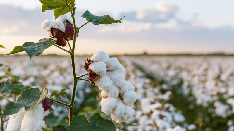 Close-up of ripe cotton bolls bursting open on a green-leafed plant in a field at sunset
