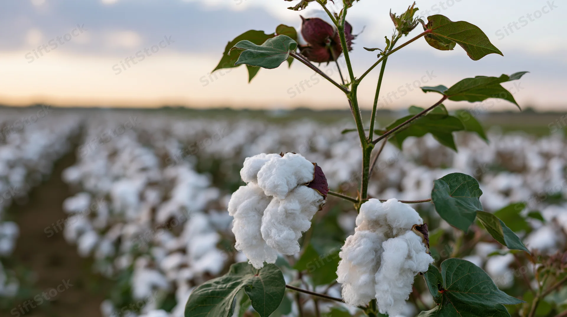 Close-up of ripe cotton bolls bursting open on a green-leafed plant in a field at sunset