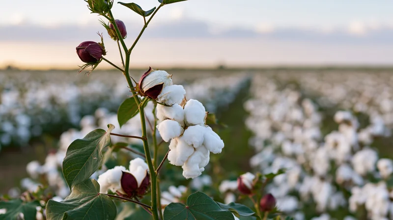 Close-up of ripe cotton bolls bursting open on a green-leafed plant in a field at dusk