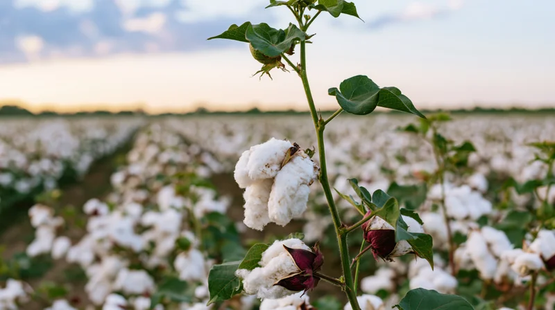 Close-up of ripe cotton bolls bursting open on a green-leafed plant in a cotton field at dusk