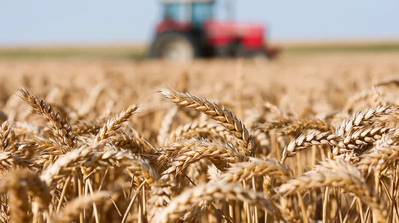 Ripe golden wheat stalks in a field with a red tractor in the background