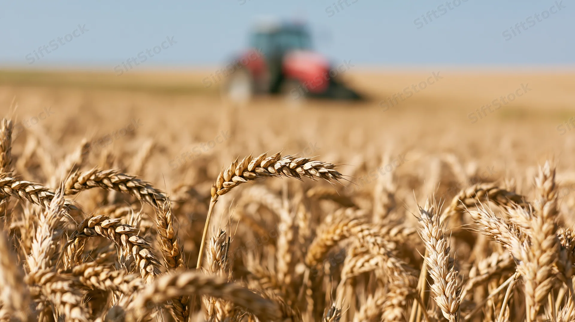 Close-up of ripe golden wheat stalks in a field with a tractor in the background during harvest