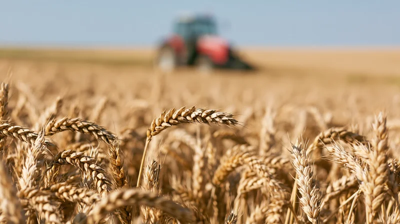 Close-up of ripe golden wheat stalks in a field with a tractor in the background during harvest