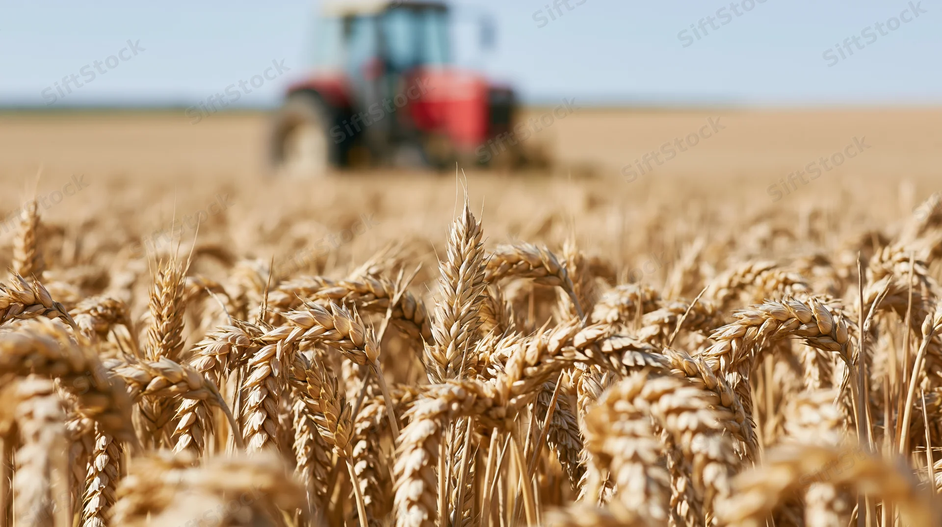 Close-up of ripe golden wheat stalks in a field with a tractor in the background