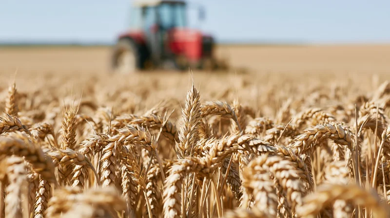 Close-up of ripe golden wheat stalks in a field with a tractor in the background