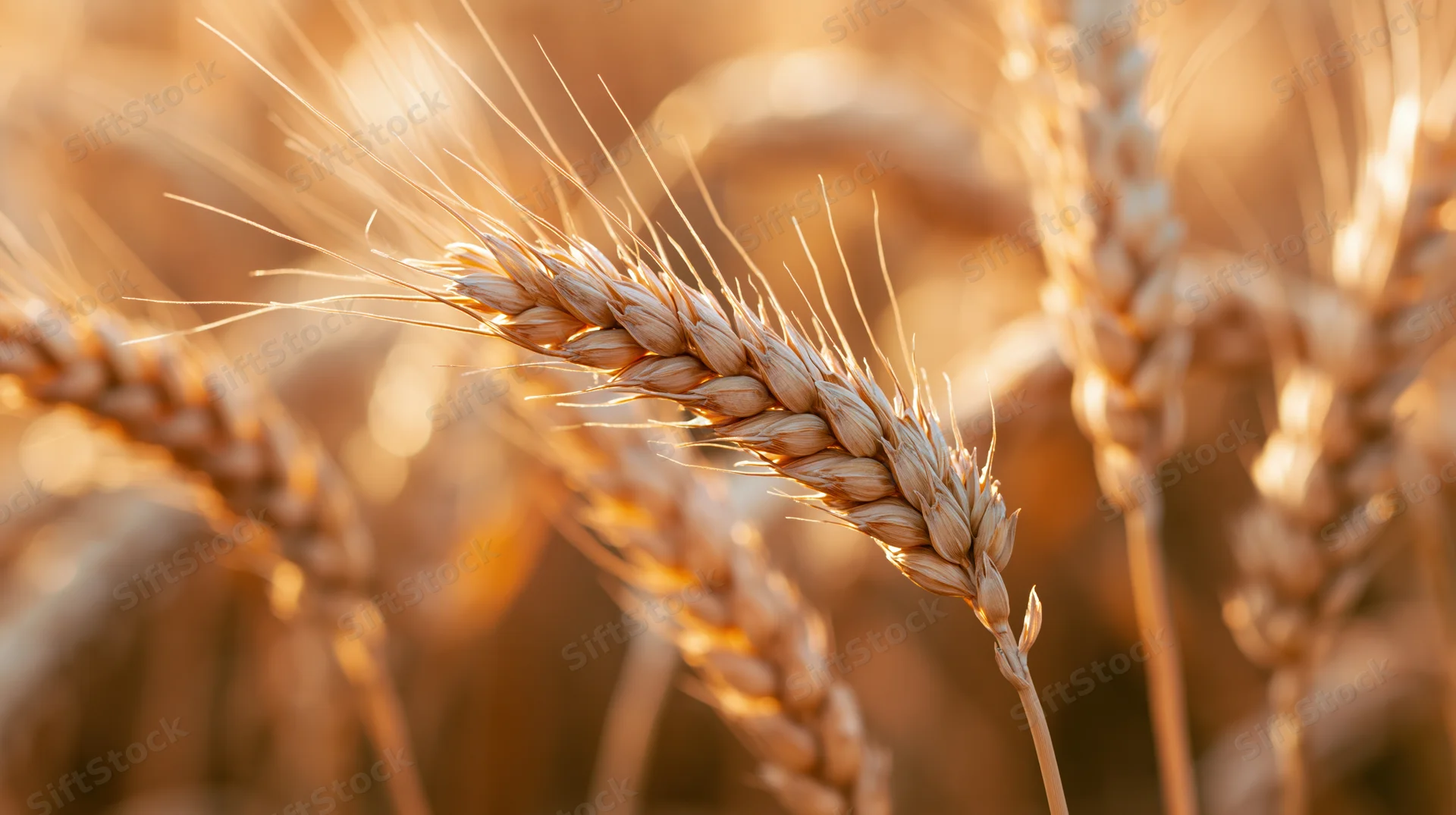 Closeup of ripe wheat ears in a summer field bathed in golden sunlight