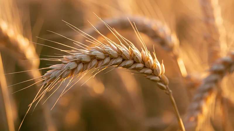 Closeup of ripe wheat ear in a summer field bathed in golden sunlight