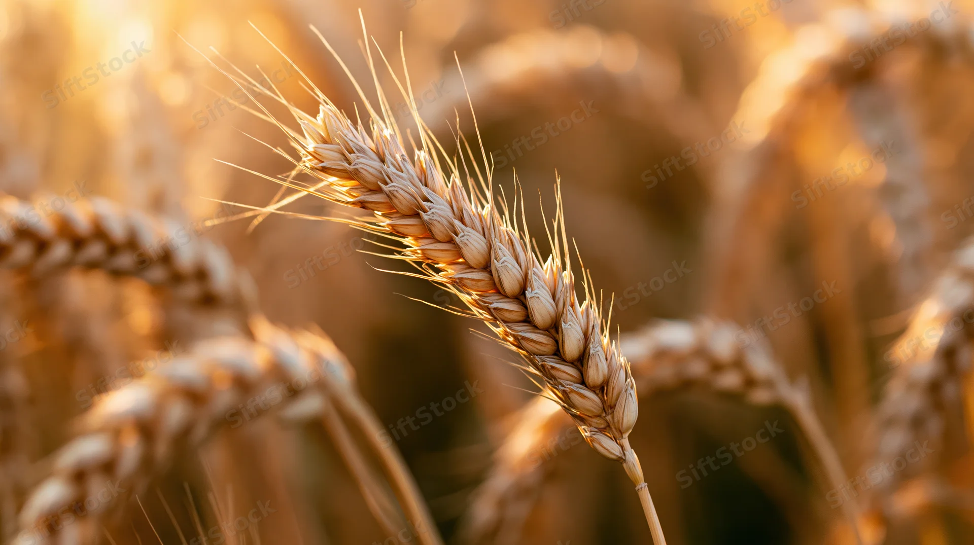 Closeup of ripe wheat ear in a summer field bathed in golden sunlight