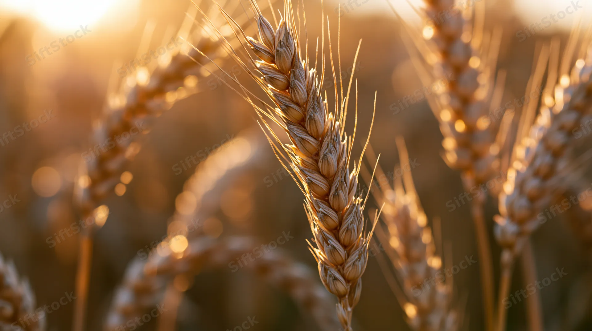Closeup of ripe wheat ears in a summer field at golden hour