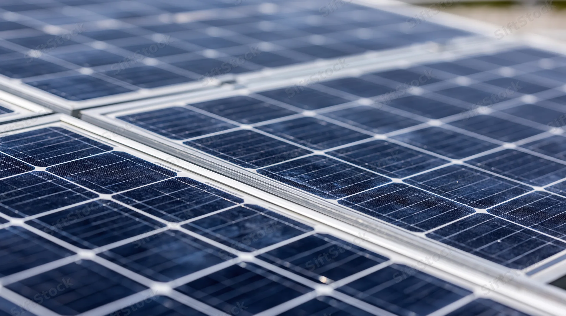 Close-up of solar panel surface showing grid of photovoltaic cells under sunlight