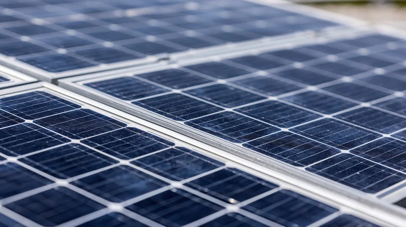 Close-up of solar panel surface showing grid of photovoltaic cells under sunlight