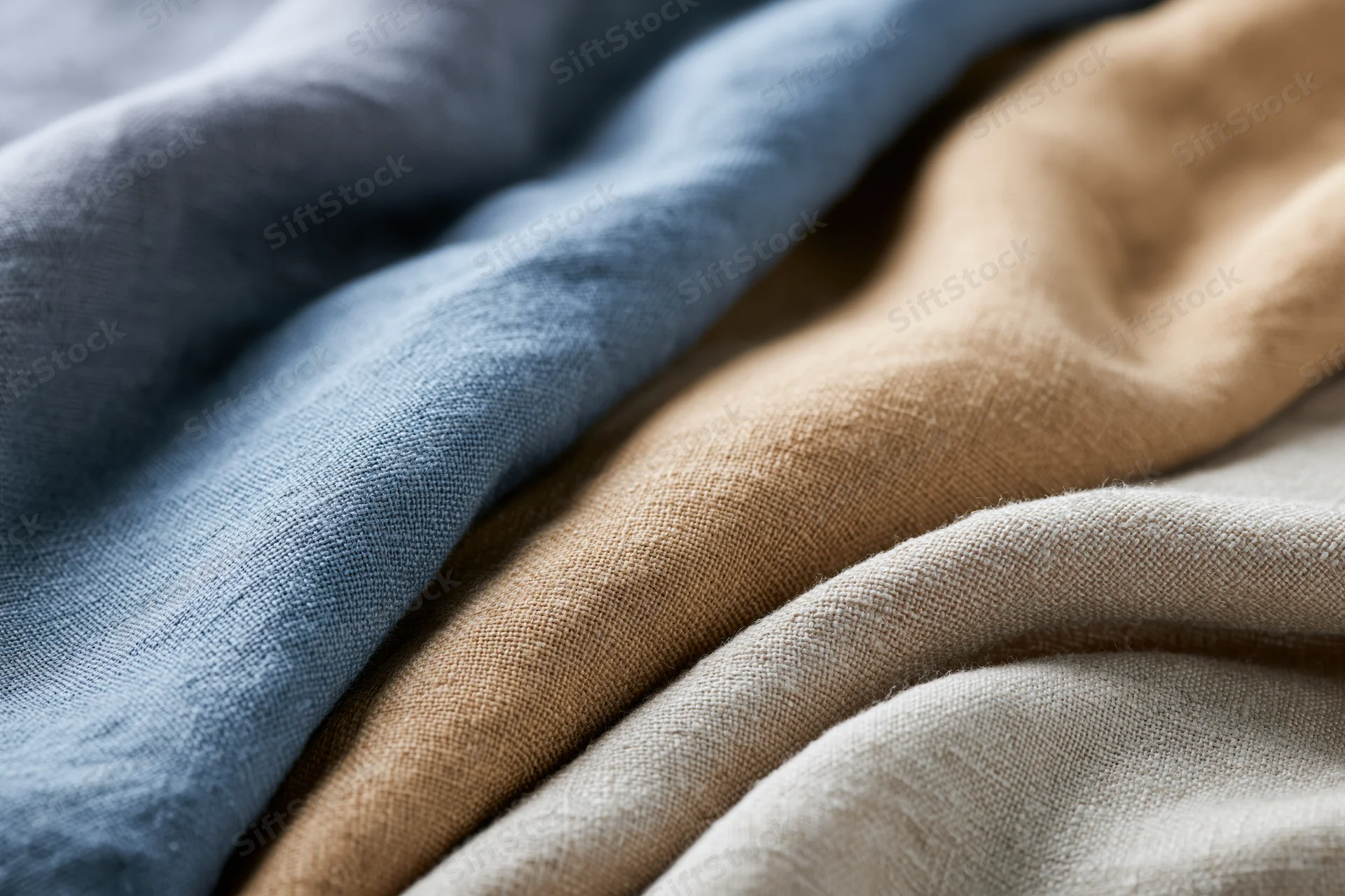 Close-up of layered linen fabric swatches in blue, beige and gray tones