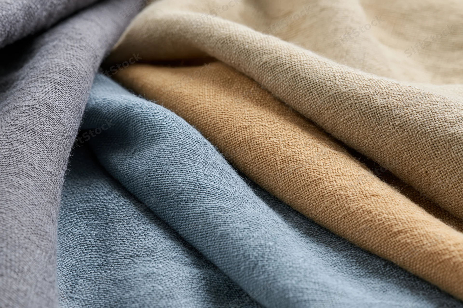 Close-up of layered linen fabric swatches in neutral tones folded and arranged for textile selection
