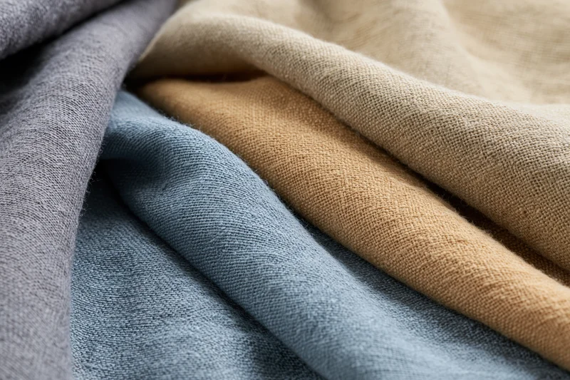 Close-up of layered linen fabric swatches in neutral tones folded and arranged for textile selection