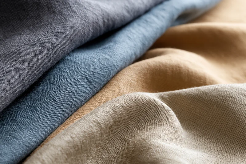 Close-up of layered linen fabric swatches in neutral tones draped together