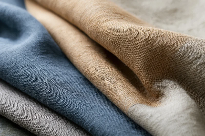 Folded linen fabric swatches layered in neutral tones showing texture and weave