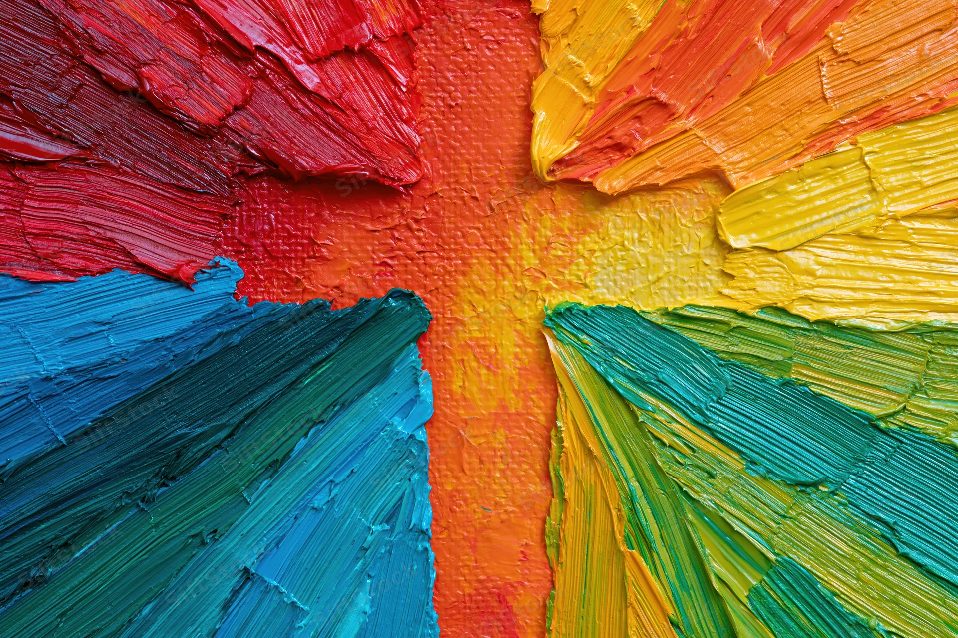 Close-up of thick impasto oil painting with vibrant rainbow colors on canvas