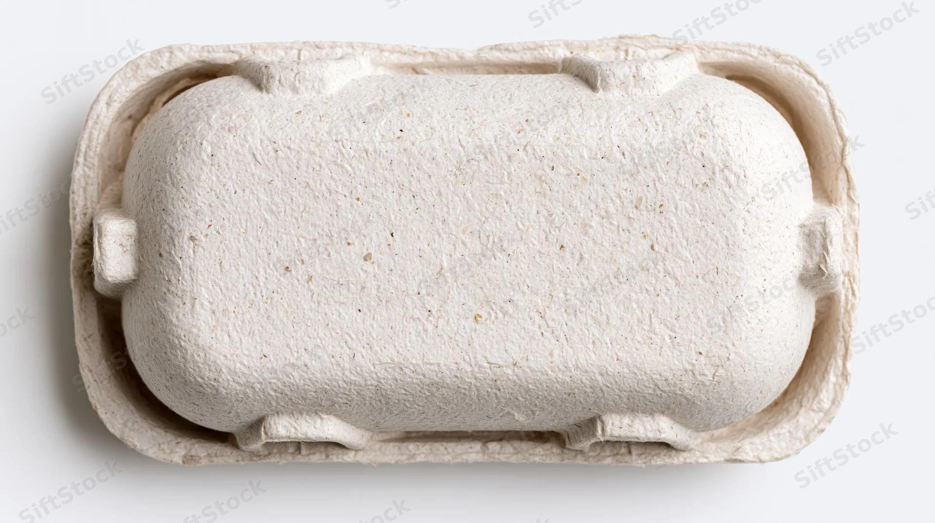 Closed blank egg carton made from recycled pulp cardboard on white background