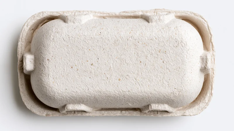 Closed blank egg carton made from recycled pulp cardboard on white background