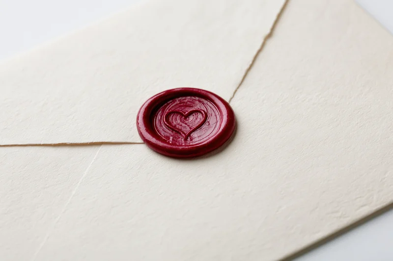 Cream paper envelope sealed with red wax heart-shaped seal