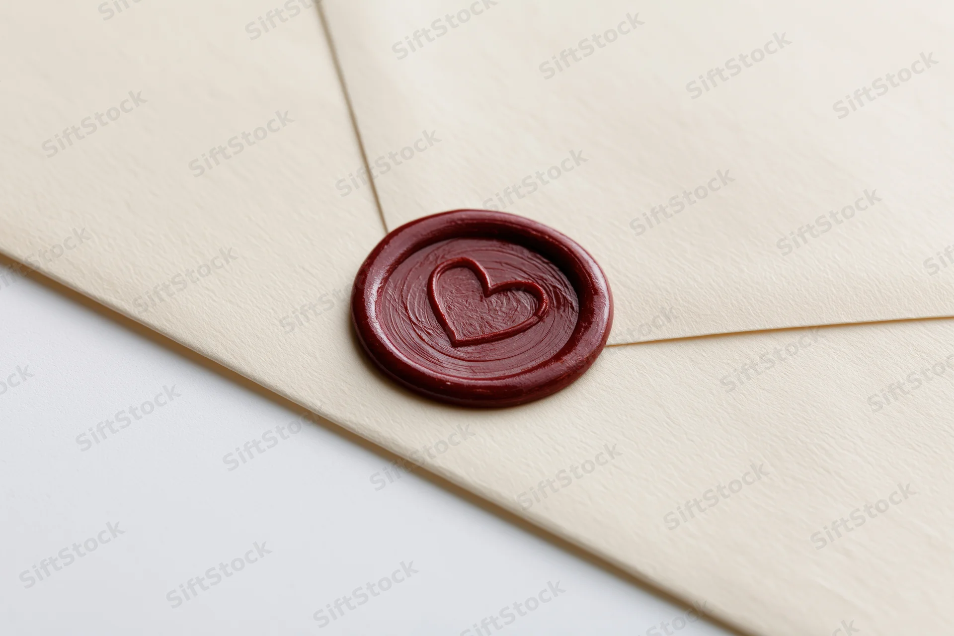 Cream envelope sealed with dark red wax heart seal on white surface