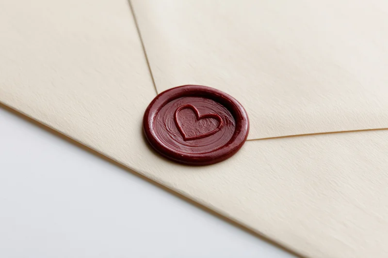 Cream envelope sealed with dark red wax heart seal on white surface