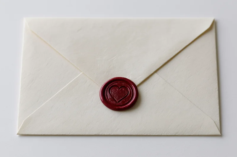 Cream paper envelope sealed with red wax heart seal on white background