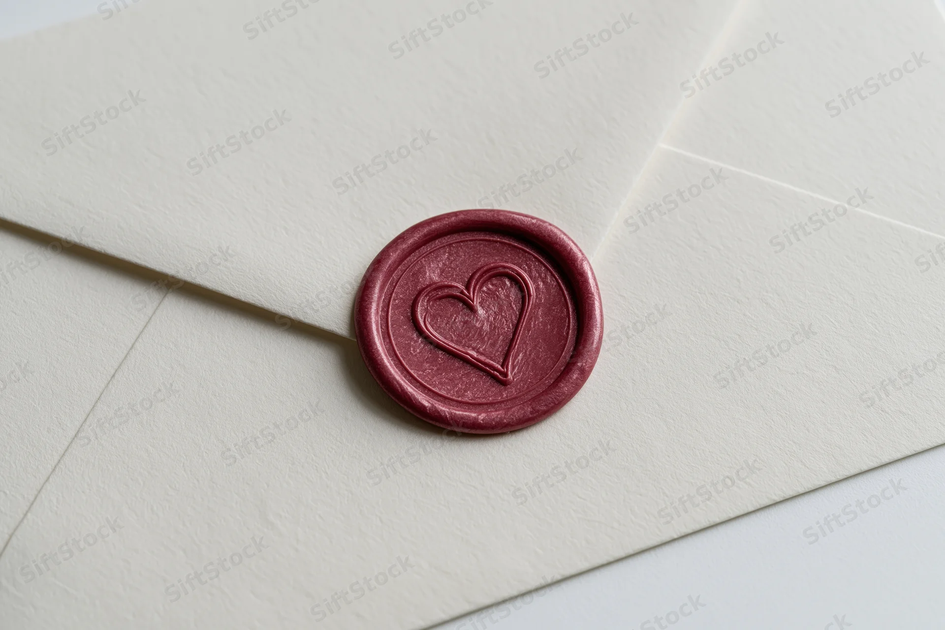 Cream envelope sealed with red wax heart stamp on white surface
