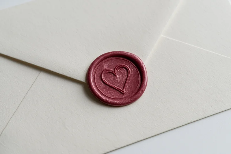 Cream envelope sealed with red wax heart stamp on white surface
