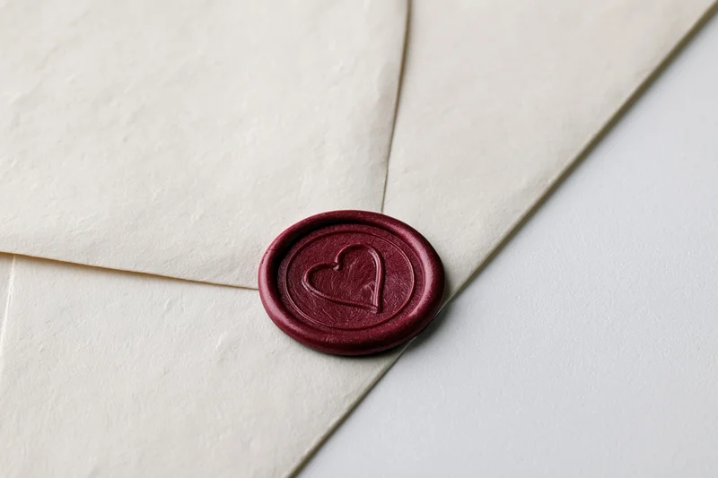 Cream paper envelope sealed with dark red wax heart stamp on white surface