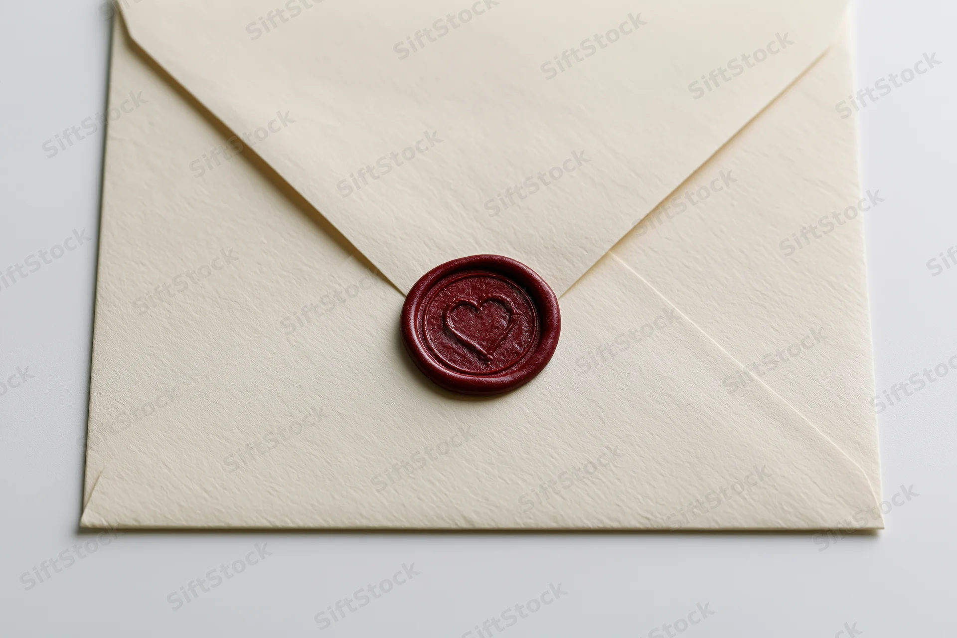 Cream paper envelope sealed with red wax heart stamp on white surface
