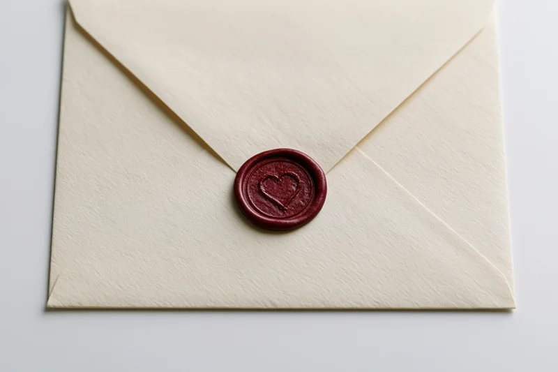 Cream paper envelope sealed with red wax heart stamp on white surface