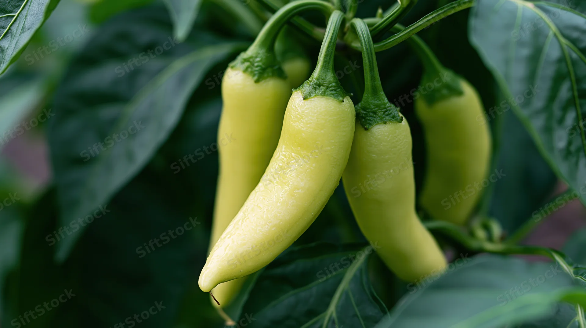 Cluster of pale yellow-green banana peppers hanging from a vine in a garden