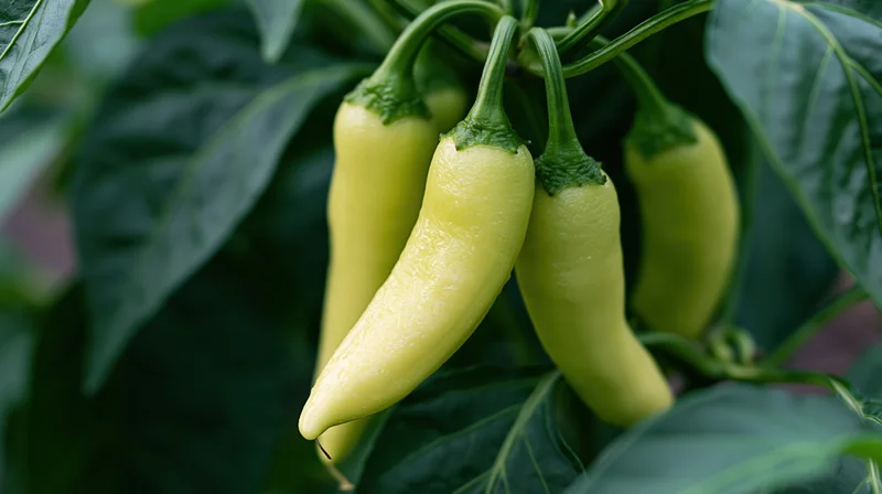 Cluster of pale yellow-green banana peppers hanging from a vine in a garden