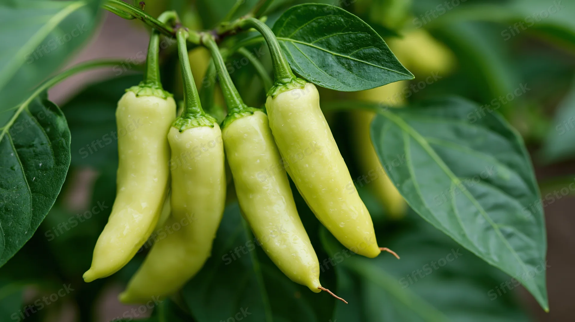Cluster of pale yellow-green banana peppers hanging from a pepper plant in a garden