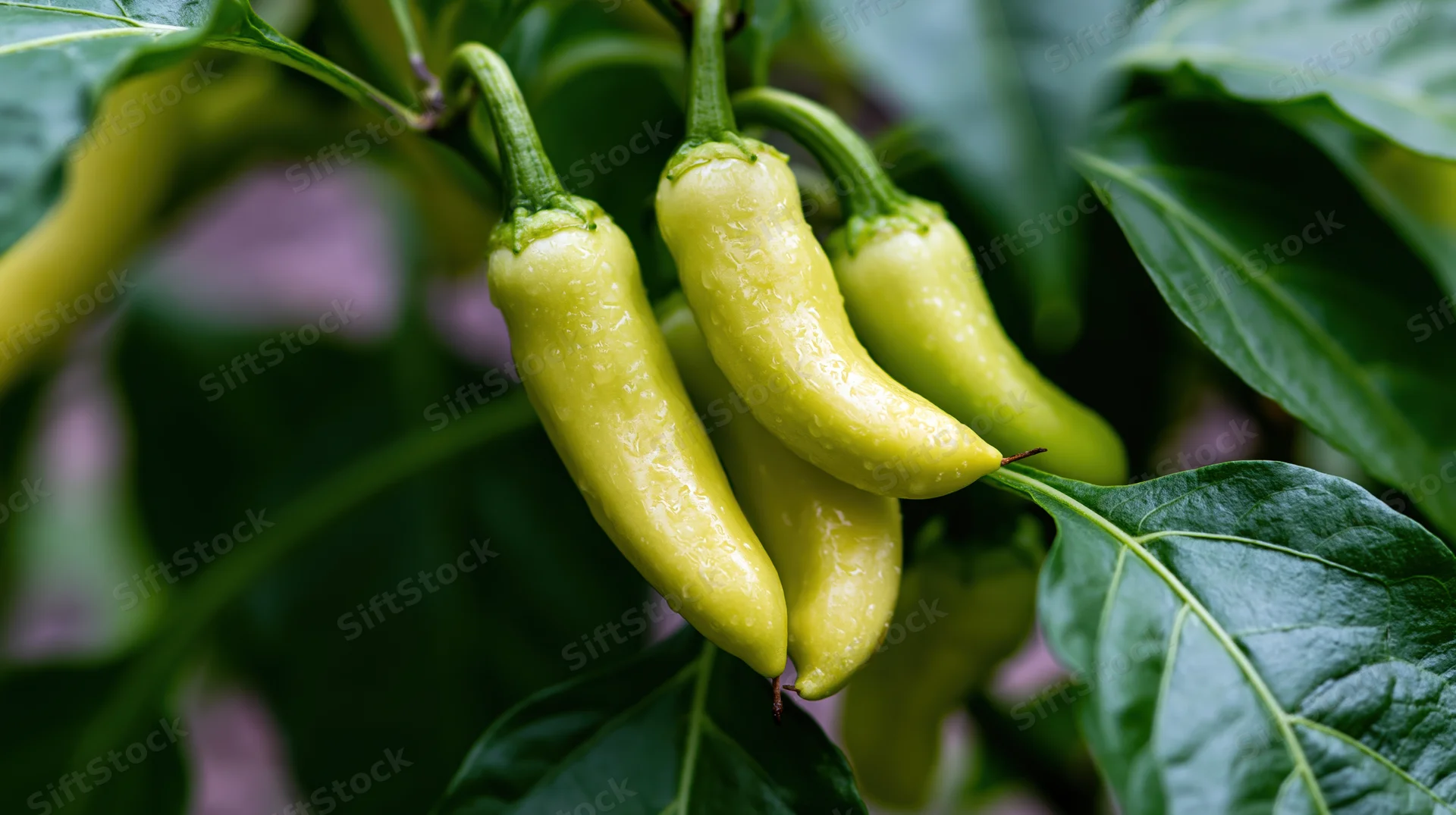 Cluster of pale yellow-green banana peppers hanging from a plant among dark green leaves in a garden setting