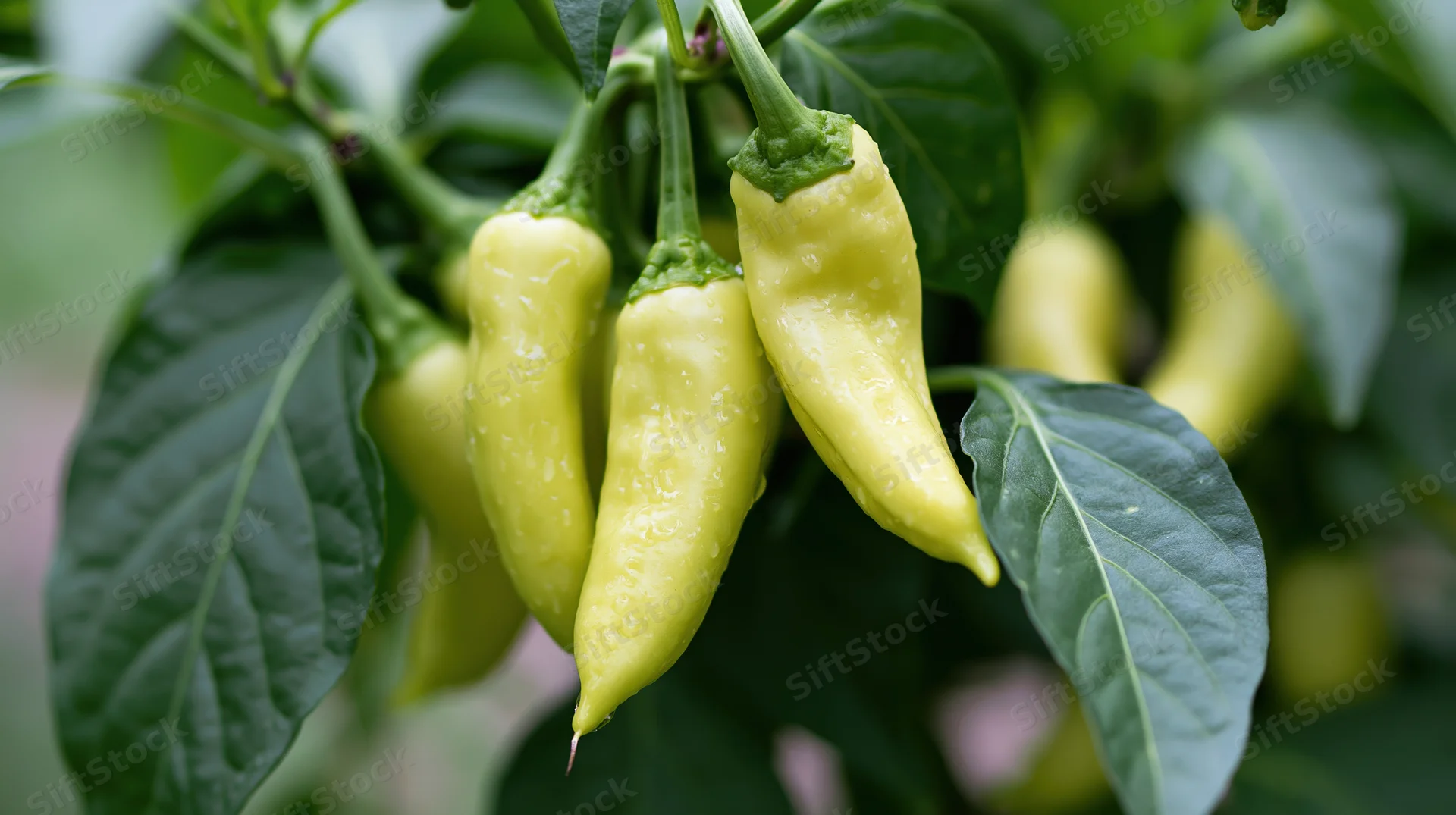 Pale yellow-green banana peppers hanging from a plant with green leaves in a garden setting
