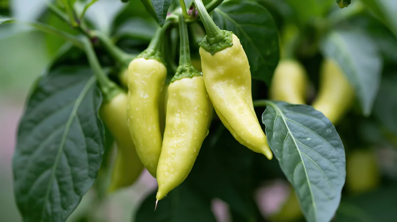 Pale yellow-green banana peppers hanging from a plant with green leaves in a garden setting