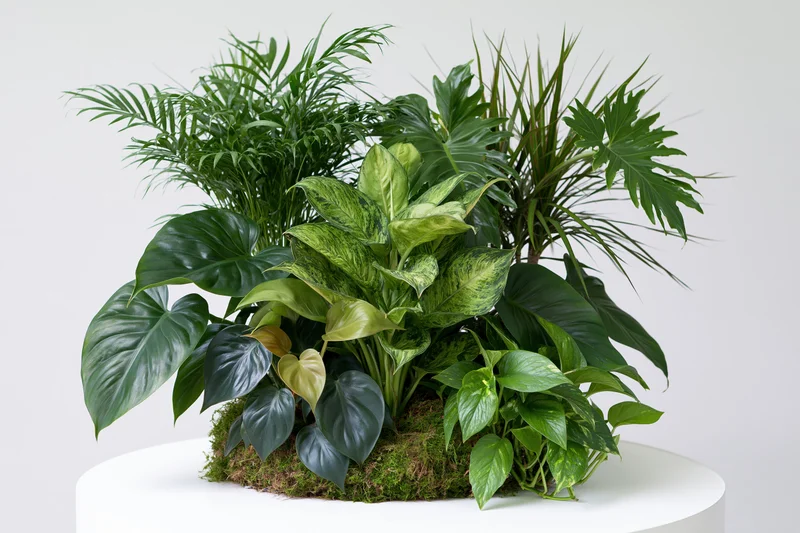 Cluster of tropical houseplants arranged on moss base on white pedestal