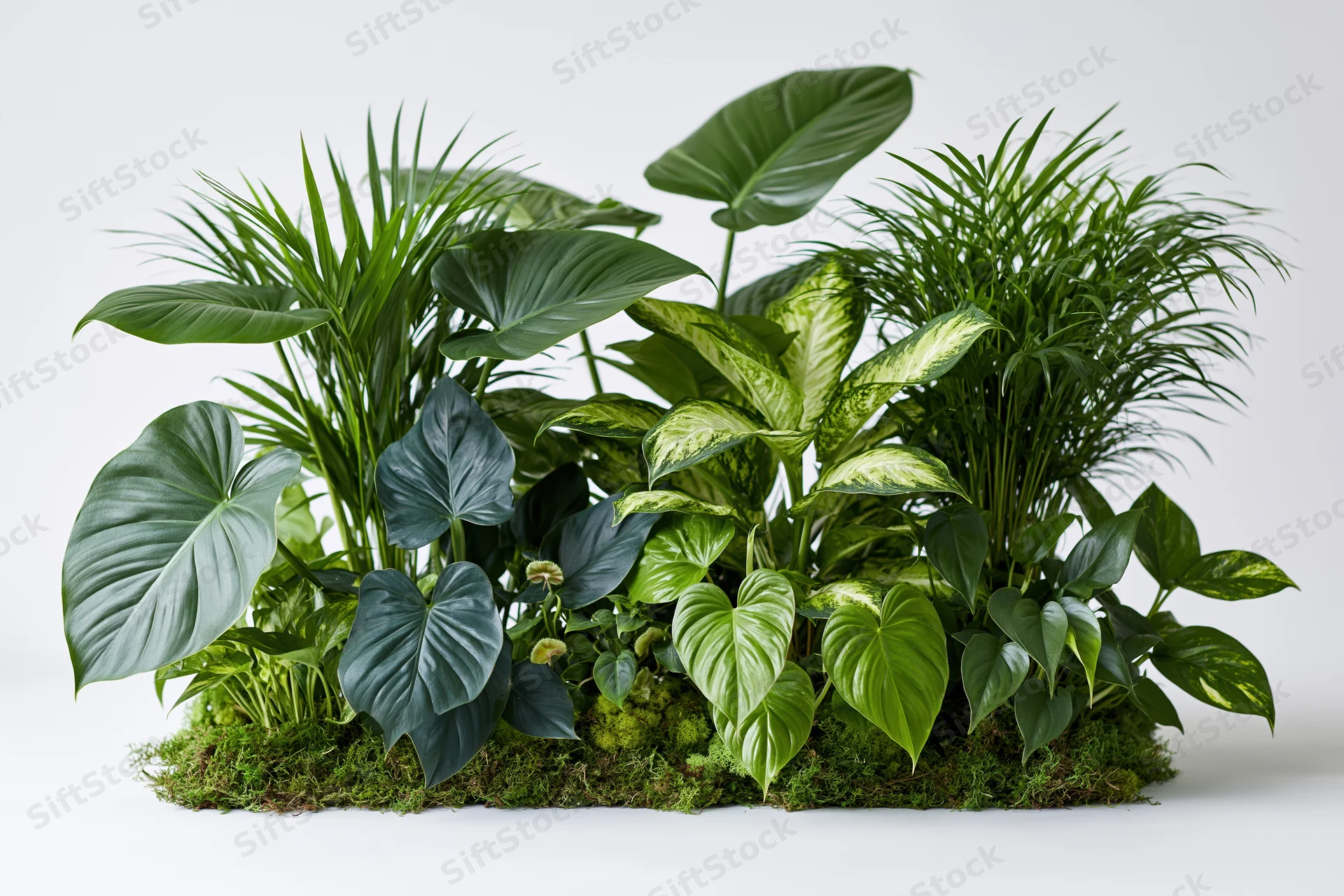 Cluster of tropical houseplants arranged on moss base against white background