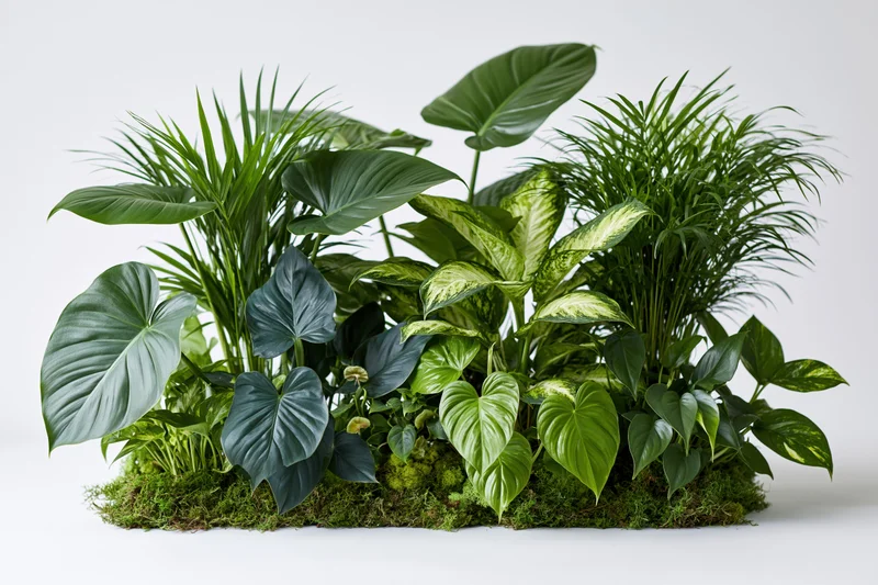 Cluster of tropical houseplants arranged on moss base against white background