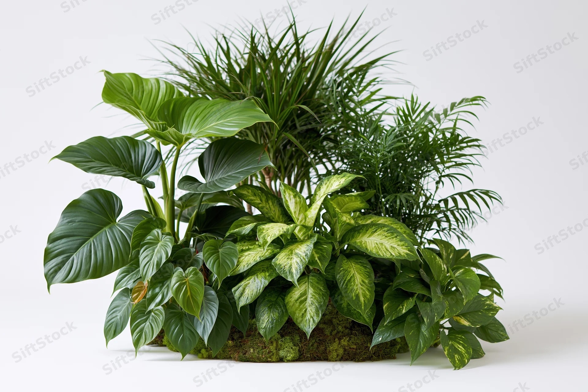 Cluster of tropical houseplants arranged on moss base against white background