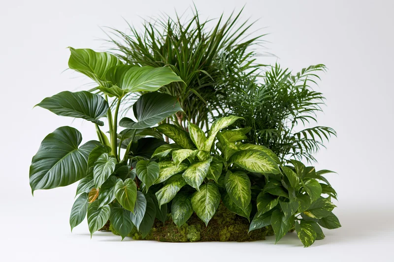 Cluster of tropical houseplants arranged on moss base against white background