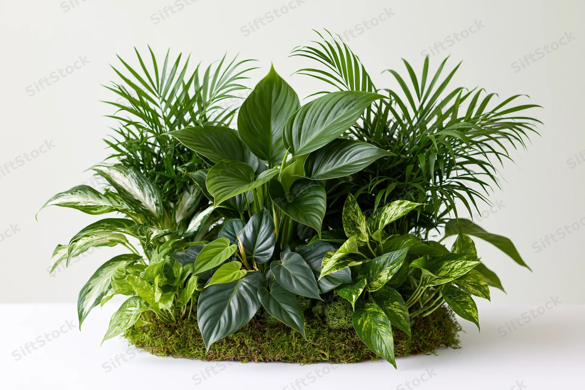 Cluster of tropical houseplants arranged on moss bed against white background