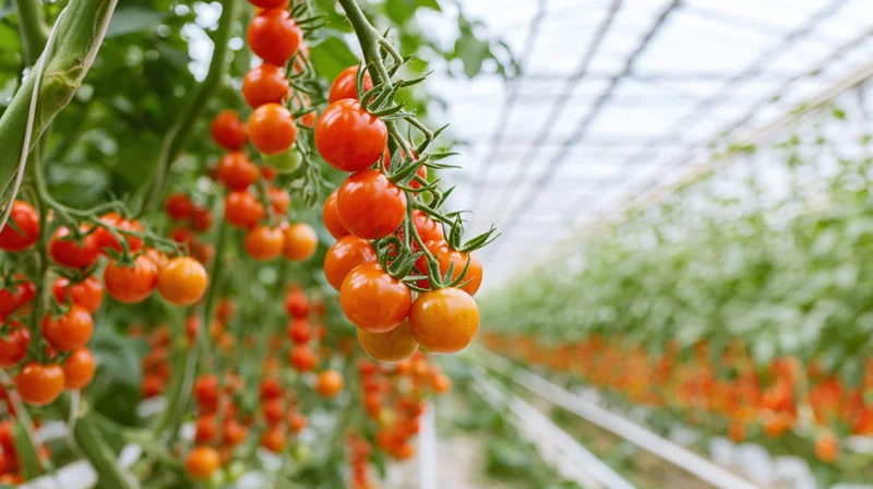 Clusters of ripe cherry tomatoes hanging on vines inside a greenhouse