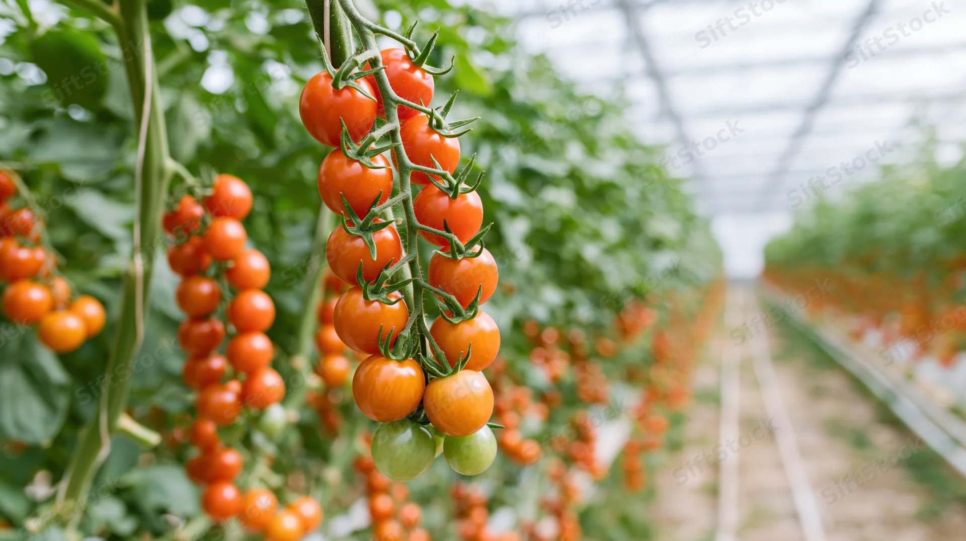 Clusters of ripe cherry tomatoes hanging on vines inside a greenhouse
