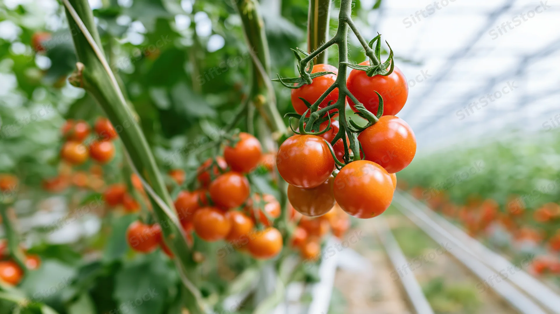 Ripe cherry tomatoes hanging on vines inside a greenhouse